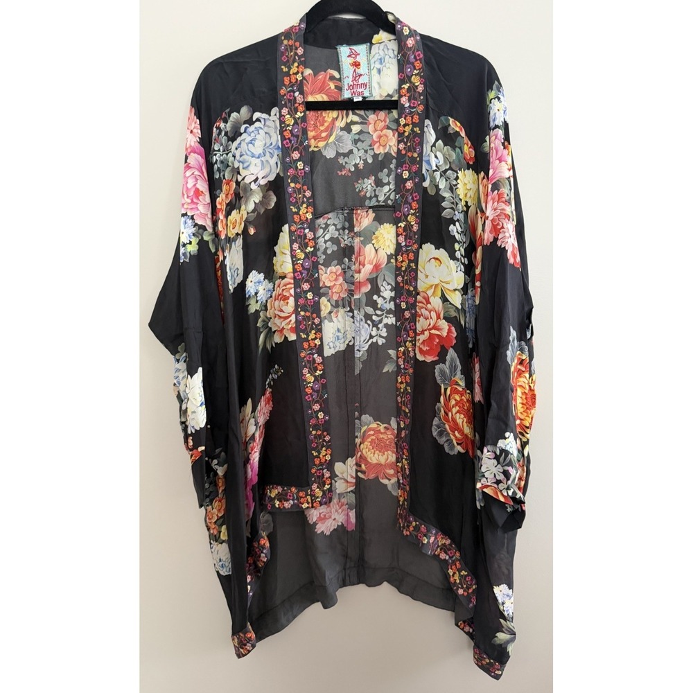 Johnny Was‎ Embroidered "Jazzy" Kimono Jacket Black Floral Women's Size XL